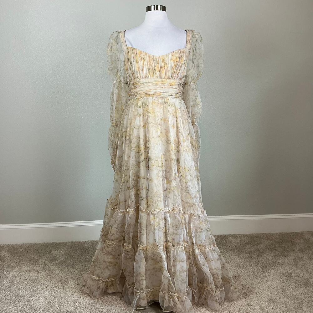 Mac Duggal 68288 Cream Evening Gown Floral Chiffon Long Sleeve Dress Size 10 - Picture 2 of 11